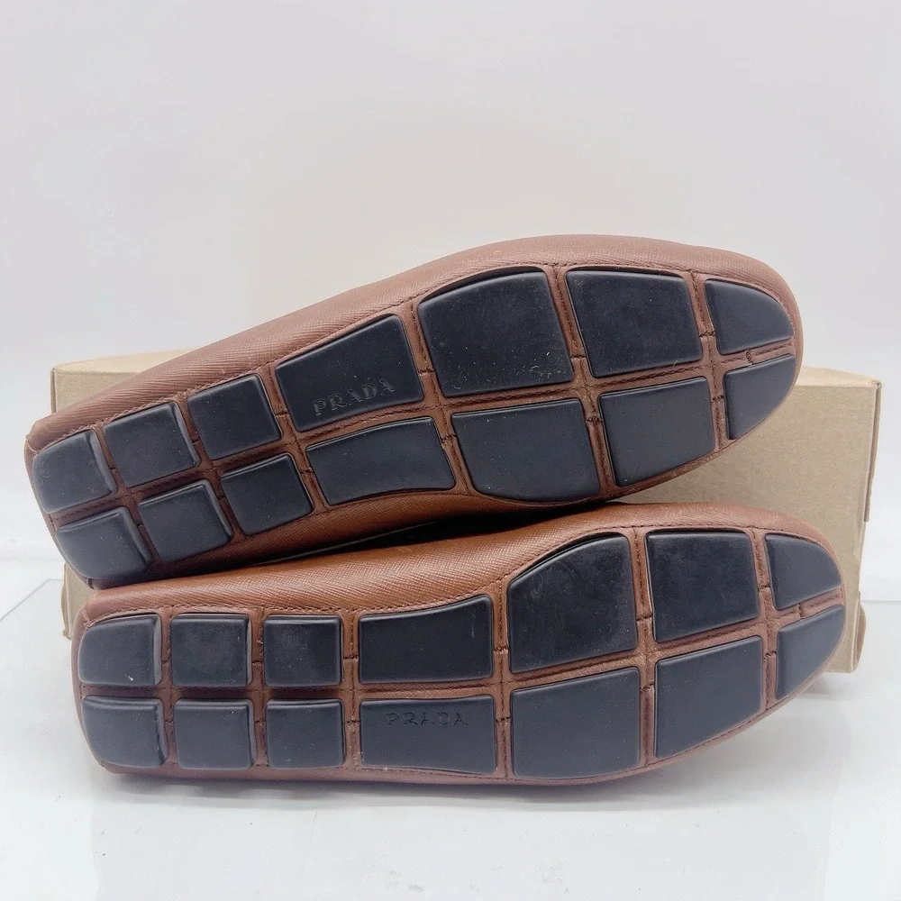 PRADA Saffiano Men's Driver Loafer Logo Ostrich BrownLeather 2DD151 EU 41 US 8
